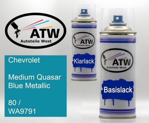 Chevrolet, Medium Quasar Blue Metallic, 80 / WA9791: 400ml Sprühdose + 400ml Klarlack - Set, von ATW Autoteile West.